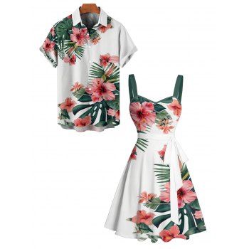 Vacation Tropical Flower Print Belted Mini Dress And Short Sleeve Shirt Matching Outfit
