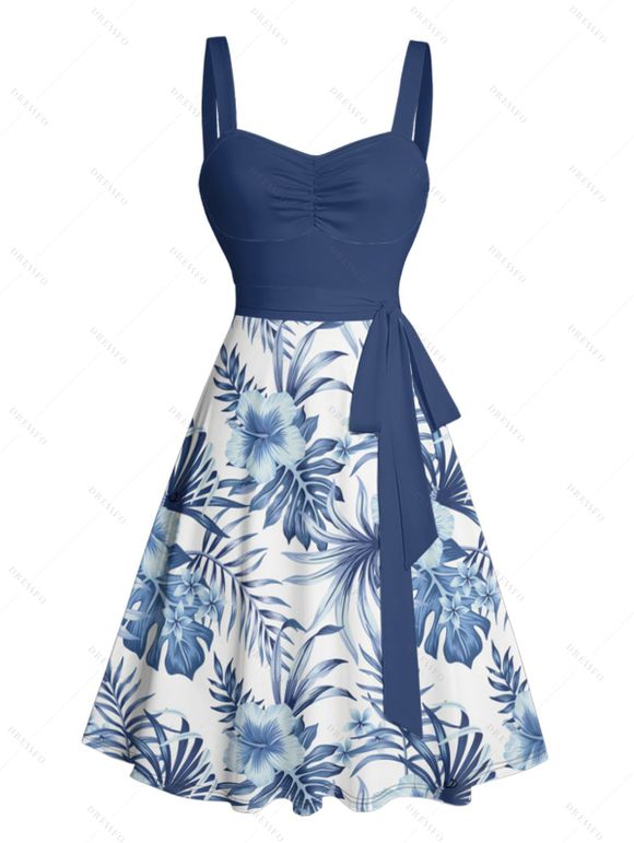 Mini Robe de Vacances Ceinturée Fleur Feuille Tropicale Imprimées - Bleu Ciel XXXXXL | US 20