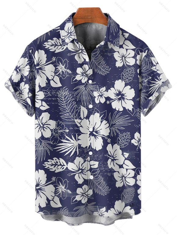 Chemise de Vacances Boutonnée Feuille Tropicale Imprimée à Manches Courtes - Bleu de Minuit 5XL