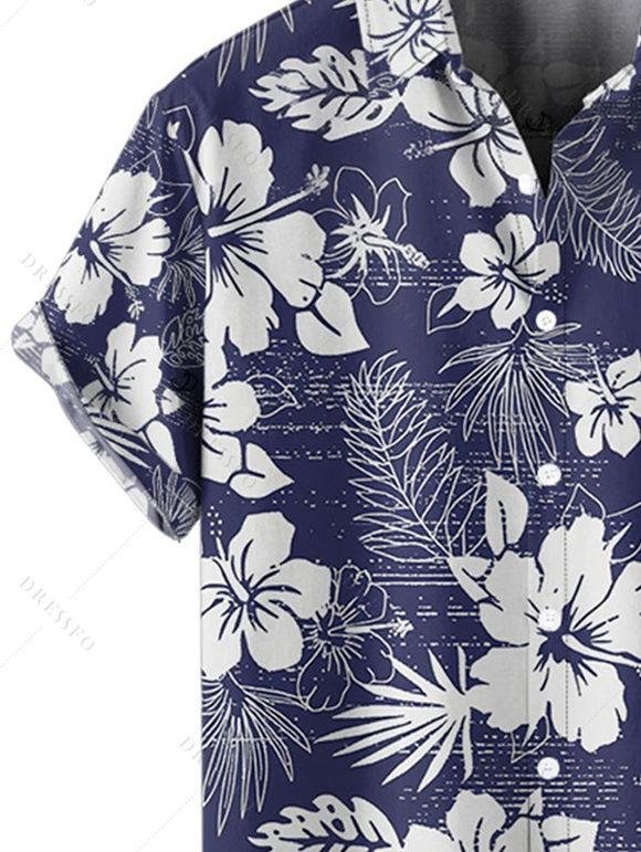 Chemise de vacances à motif floral de cocotier, chemise boutonnée à manches courtes - Bleu de Minuit M