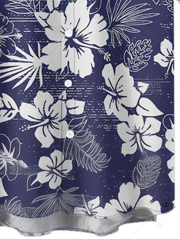 Chemise de vacances à motif floral de cocotier, chemise boutonnée à manches courtes - Bleu de Minuit M