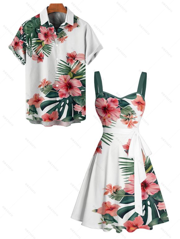 Vacation Tropical Flower Print Belted Mini Dress And Short Sleeve Shirt Matching Outfit - multicolor S | US 4