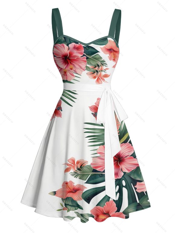 Vacation Tropical Flower Print Belted Mini Dress And Short Sleeve Shirt Matching Outfit - multicolor S | US 4