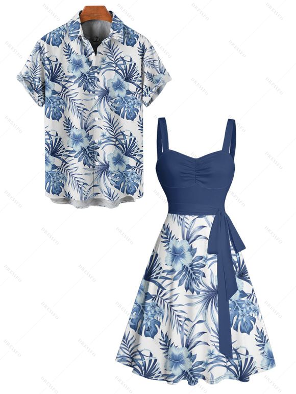 Tropical Flower Leaf Print Belted Mini Vacation Dress And Short Sleeve Shirt Matching Outfit - Bleu Ciel S | US 4