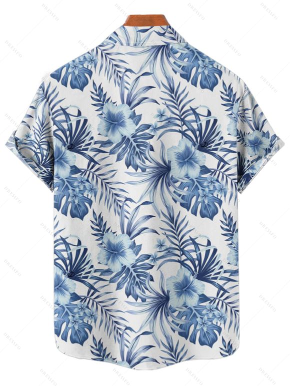 Tropical Flower Leaf Print Belted Mini Vacation Dress And Short Sleeve Shirt Matching Outfit - Bleu Ciel S | US 4