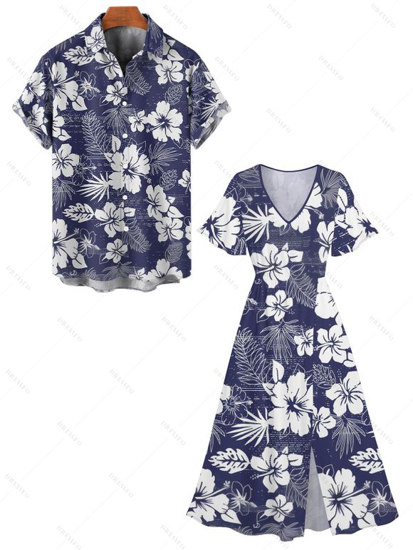 Tropical Print V Neck Split Hem Flutter Sleeve Vacation Dress And Short Sleeve Shirt Matching Outfit - Bleu de Minuit S | US 4