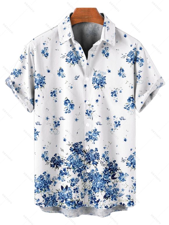 Chemise de Vacances Boutonnée Fleurie Imprimée Manches Courtes à Col Relevé - Blanc 5XL