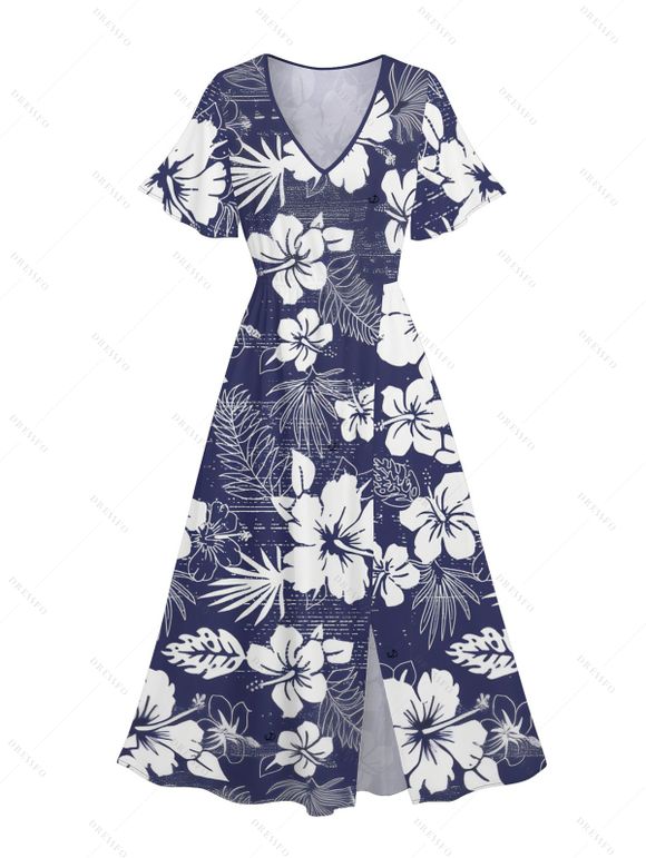 Robe Mi-Longue de Vacances Tropicale Imprimée à Ourlet Fendu à Col V - Bleu de Minuit XXL | US 14