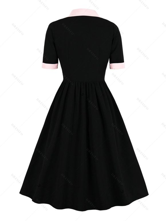 Robe Courte Vintage Contrastante à Boutons à Manches Courtes - Noir L | US 8