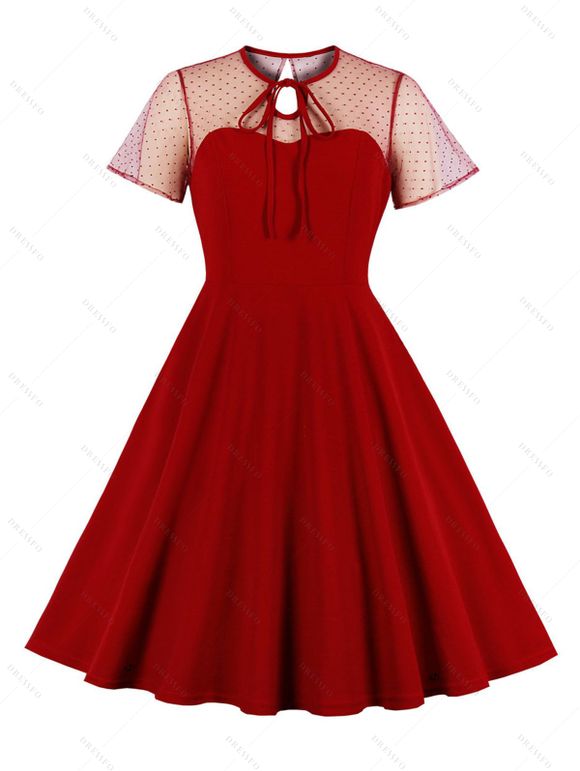 Robe Ligne A Vintage Courte Panneau en Maille à Pois à Manches Courtes - Rouge XXL | US 12