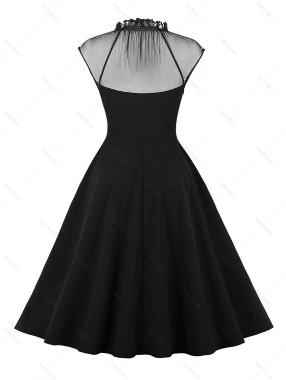 Robe Vintage Trapèze en Maille Transparente Ourlet à Volants à Col Montant - Noir S | US 4