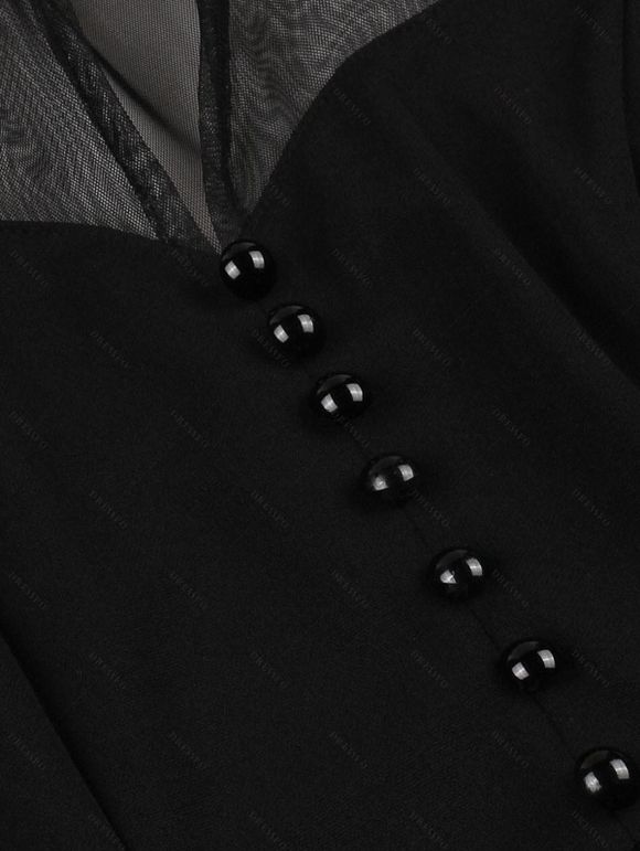 Robe Vintage Trapèze en Maille Transparente Ourlet à Volants à Col Montant - Noir S | US 4