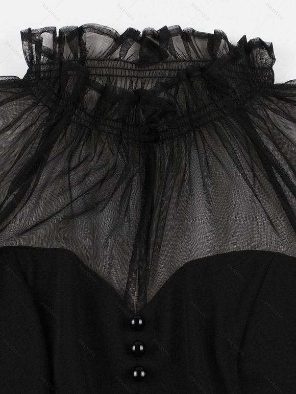 Robe Vintage Trapèze en Maille Transparente Ourlet à Volants à Col Montant - Noir S | US 4