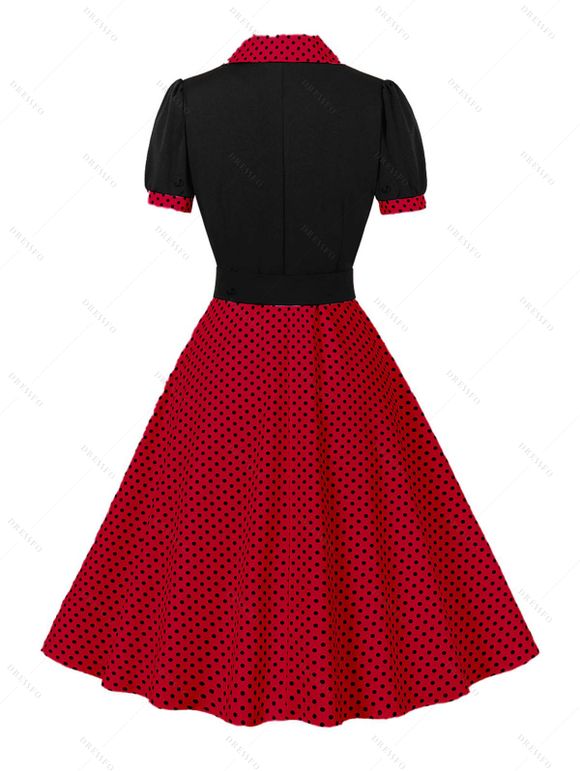 Mini Robe Vintage Ceinturée à Pois Imprimé Manches Courtes à Col Revers - Rouge XXL | US 12
