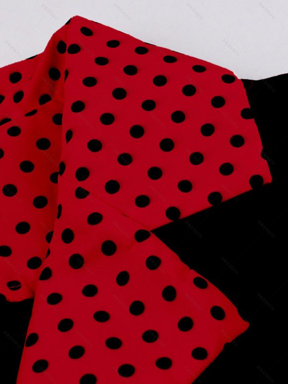 Mini Robe Vintage Ceinturée à Pois Imprimé Manches Courtes à Col Revers - Rouge XXL | US 12