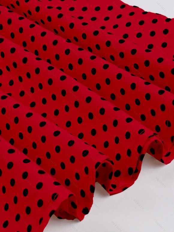 Mini Robe Vintage Ceinturée à Pois Imprimé Manches Courtes à Col Revers - Rouge XXL | US 12