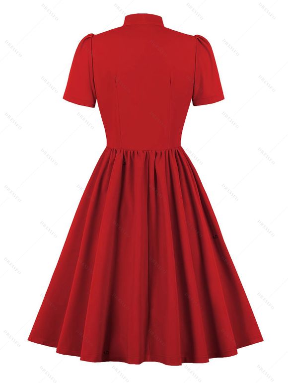 Mini Robe Vintage Boutonnée Manches Courtes à Col Noué - Rouge M | US 6
