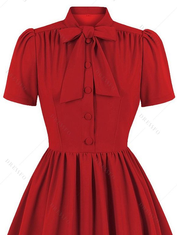 Mini Robe Vintage Boutonnée Manches Courtes à Col Noué - Rouge M | US 6