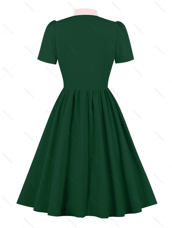 Mini Robe Vintage Boutonnée Manches Courtes à Col Noué - Vert profond S | US 4