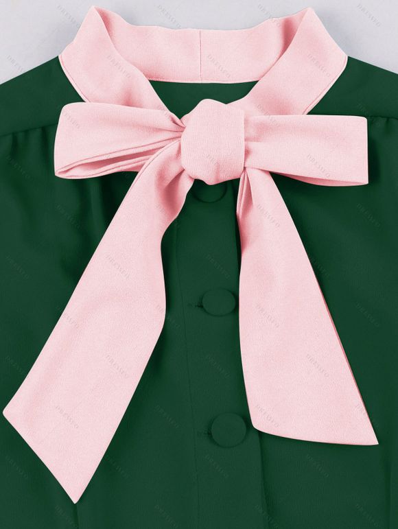 Mini Robe Vintage Boutonnée Manches Courtes à Col Noué - Vert profond S | US 4