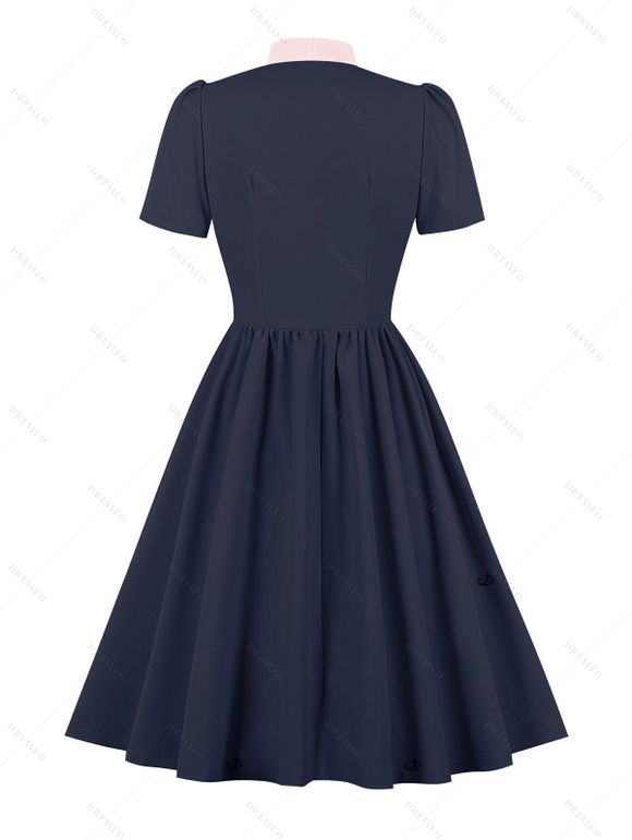 Mini Robe Vintage Boutonnée Manches Courtes à Col Noué - Bleu de Minuit XXL | US 12