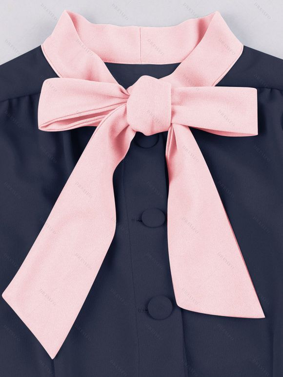 Mini Robe Vintage Boutonnée Manches Courtes à Col Noué - Bleu de Minuit XXL | US 12