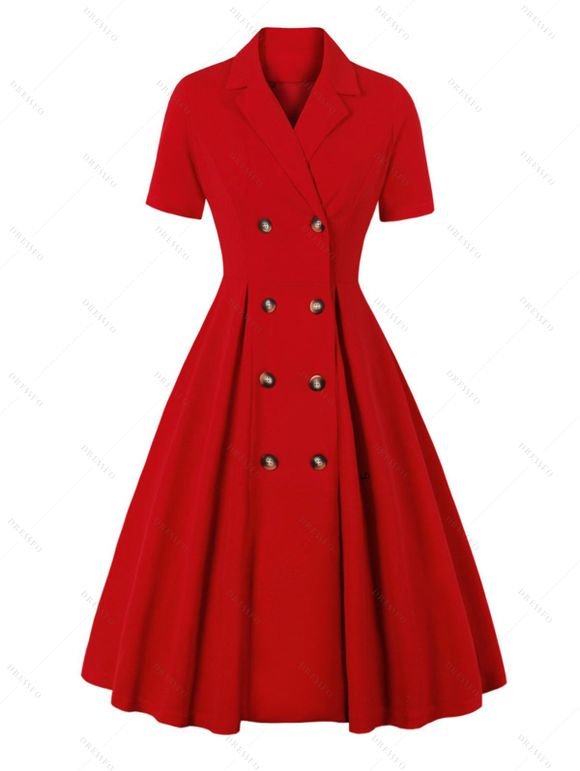 Robe Trapèze Vintage à Double Ourlet à Col Revers à Manches Courtes - Rouge XXL | US 12