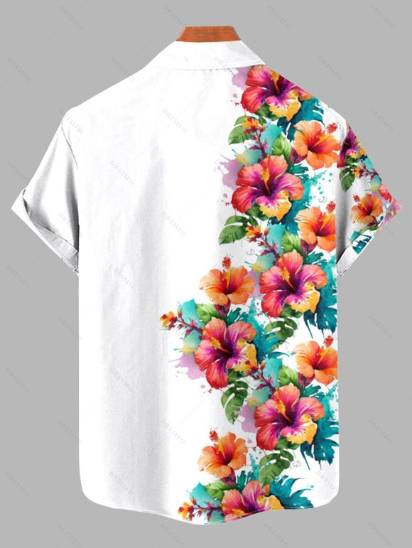 Chemise de Vacances Fleur et Demi-Bouton Manches Courtes à Col Relevé - Blanc S