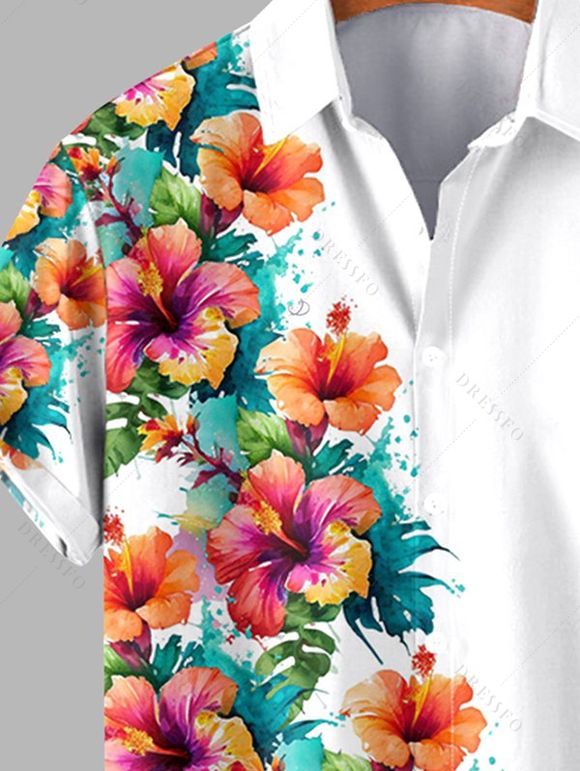 Chemise de Vacances Fleur et Demi-Bouton Manches Courtes à Col Relevé - Blanc S