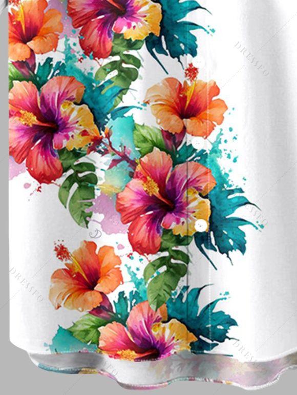 Chemise de Vacances Fleur et Demi-Bouton Manches Courtes à Col Relevé - Blanc S