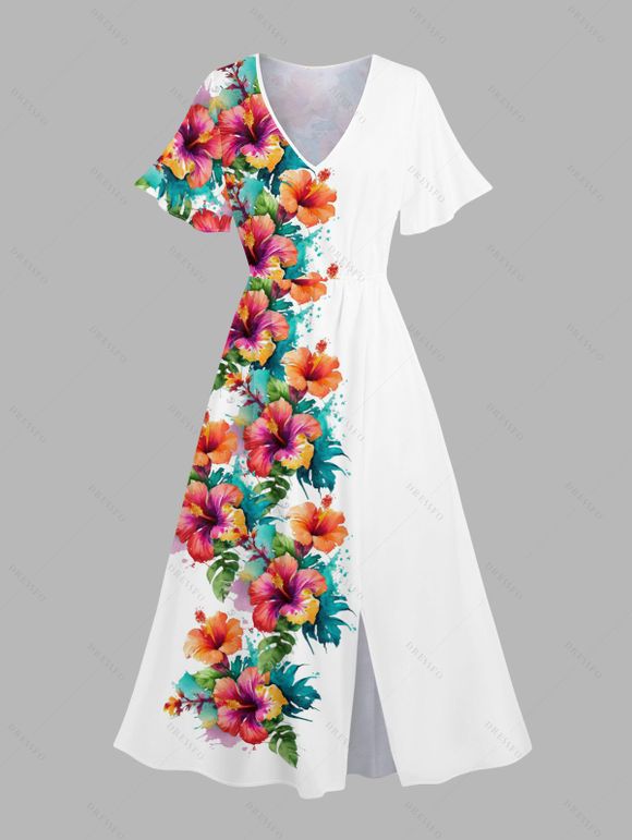 Robe Mi-Longue de Vacances Fleur et Demi-Manches à Col V - Blanc XXL | US 14