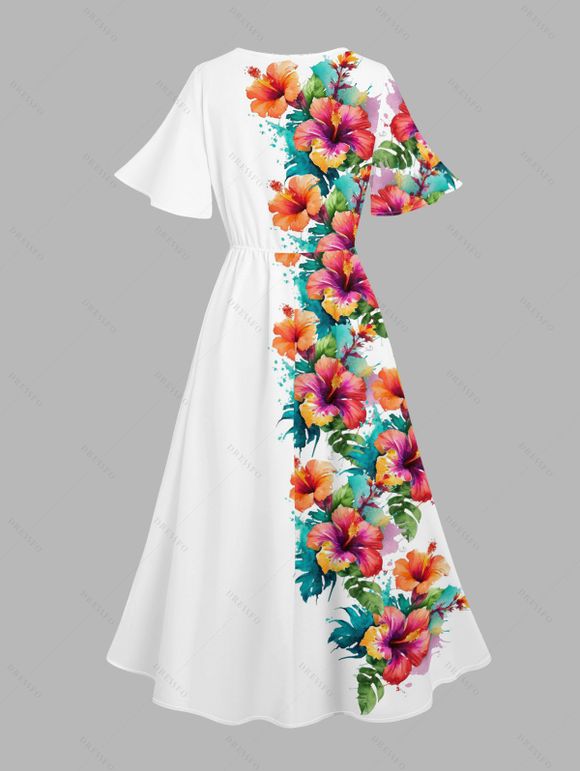 Robe de Vacances Mi-Longue Fleur Imprimée à Demi-Manches à Col V - Blanc XL | US 12