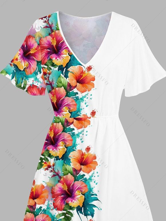 Robe de Vacances Mi-Longue Fleur Imprimée à Demi-Manches à Col V - Blanc XL | US 12