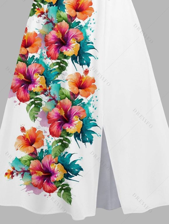 Robe de Vacances Mi-Longue Fleur Imprimée à Demi-Manches à Col V - Blanc XL | US 12