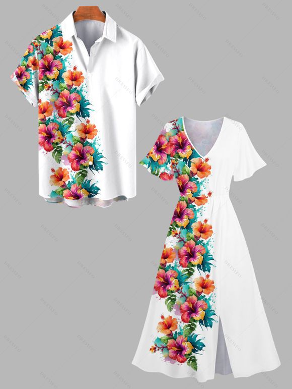 Flower Half And Half Print Flutter Sleeve Vacation Midi Dress And Short Sleeve Shirt Outfit - Blanc S | US 4