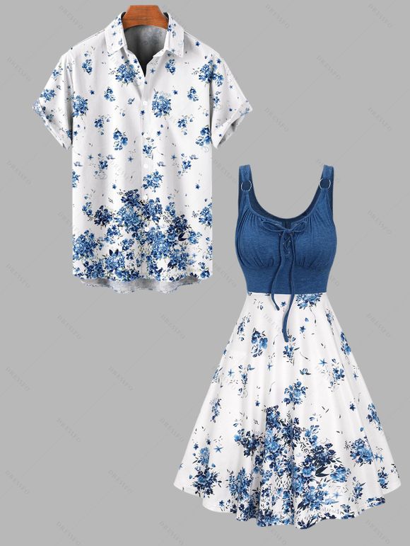 Vacation Flower Print Contrast Color Lace Up O Ring Mini Dress And Short Sleeve Shirt Outfit - Bleu profond S | US 4