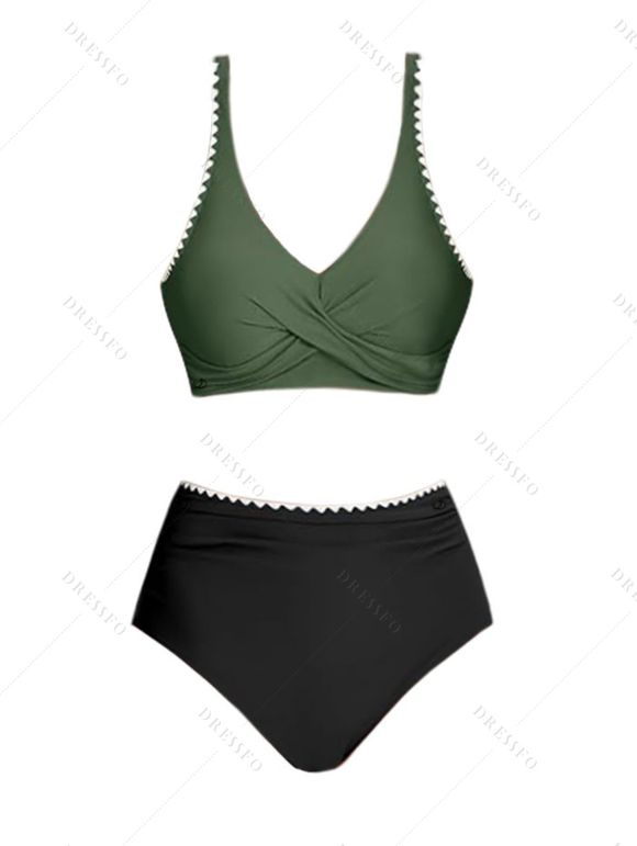 Maillot de Bain Bikini Croisé à Taille Haute à Col Plongeant Deux Pièces - Vert profond S | US 4