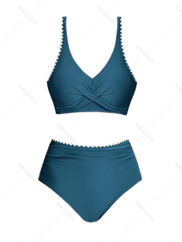 Maillot de Bain Bikini Croisé à Taille Haute à Col Plongeant Deux Pièces - Bleu profond XXL | US 12