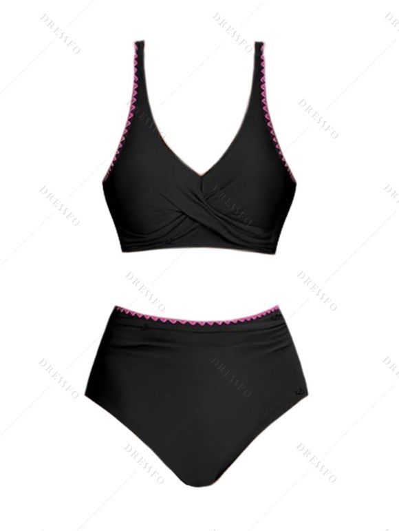 Maillot de Bain Bikini Croisé à Taille Haute à Col Plongeant Deux Pièces - Noir XXL | US 12