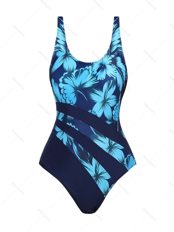 Maillot de Bain Rayé Fleur Imprimée Une-Pièce - Bleu XXL | US 12