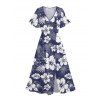 Robe mi-longue à imprimé floral cocotier, col en V, ourlet fendu, manches flottantes, pour les vacances - Bleu de Minuit S | US 4