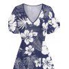 Robe mi-longue à imprimé floral cocotier, col en V, ourlet fendu, manches flottantes, pour les vacances - Bleu de Minuit S | US 4