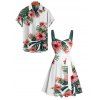 Vacation Tropical Flower Print Belted Mini Dress And Short Sleeve Shirt Matching Outfit