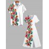 Hawaii Flower Half And Half Print Flutter Sleeve Vacation Midi Dress And Short Sleeve Shirt Outfit - Blanc S | US 4