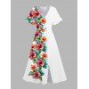 Hawaii Flower Half And Half Print Flutter Sleeve Vacation Midi Dress And Short Sleeve Shirt Outfit - Blanc S | US 4