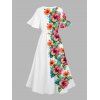 Hawaii Flower Half And Half Print Flutter Sleeve Vacation Midi Dress And Short Sleeve Shirt Outfit - Blanc S | US 4