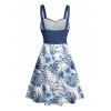 Mini Robe de Vacances Ceinturée Fleur Feuille Tropicale Imprimées - Bleu Ciel XXXXXL | US 20