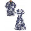 Tropical Print V Neck Split Hem Flutter Sleeve Vacation Dress And Short Sleeve Shirt Matching Outfit - Bleu de Minuit S | US 4