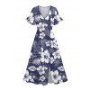 Tropical Print V Neck Split Hem Flutter Sleeve Vacation Dress And Short Sleeve Shirt Matching Outfit - Bleu de Minuit S | US 4