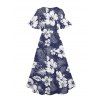 Tropical Print V Neck Split Hem Flutter Sleeve Vacation Dress And Short Sleeve Shirt Matching Outfit - Bleu de Minuit S | US 4